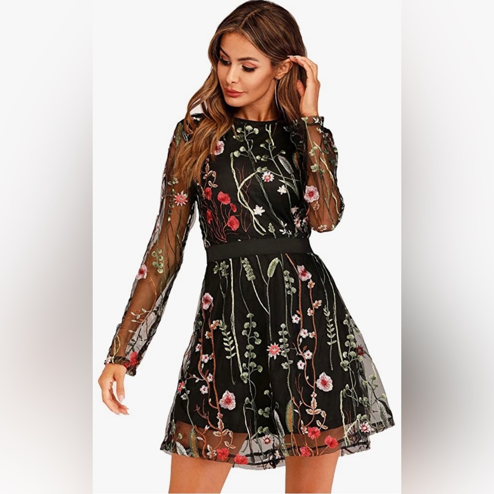 Floral Embroidery Mesh Round Neck Tunic Party Dress